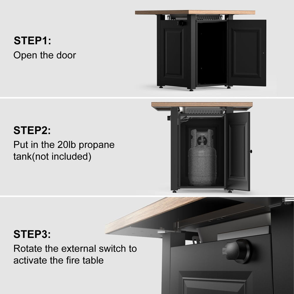 English Elm 28In Gas Fire Pit Table 50000 BTU Propane with Lid & Lava Rocks, ETL Safe, Wood Grain Black, Compact Outdoor Heat W944P198937