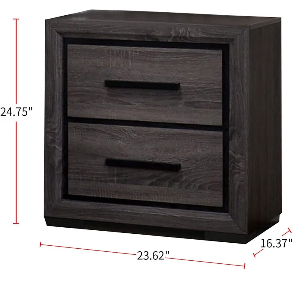 English Elm Gray Smoky Nightstand 2-Drawer Modern Bedside Table with Two-Tone Black Trim and Paper Veneer, 23.6"W x 16.4"D x 24.75"H B011P222864