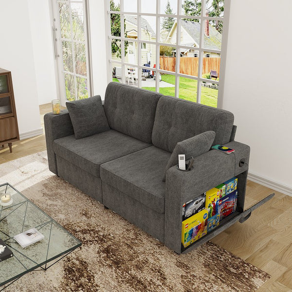 English Elm Sofas for Living Room Chenille Three Seat Couch with Usb Charging Storage and Cup Holder Gray W395S00143