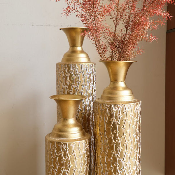 English Elm Metal Decorative Vases Set Of 3 - Antique Gold Finish With Etched Vine Patterns For Elegant Décor W2796P192834