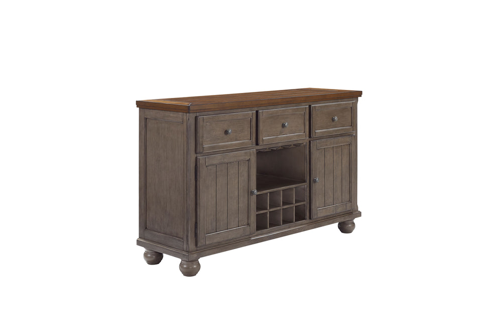 English Elm Rustic Solid Wood Two-Tone Server with Powerpack, Gray Finish, 3 Drawers, Wine Glass & Bottle Storage B2699P208969
