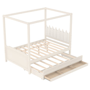English Elm Full Bunk Bed with Trundle Bookshelf Storage Pine Frame Car Design for Kids W1580S00317