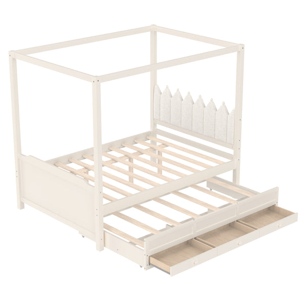 English Elm Full Bunk Bed with Trundle Bookshelf Storage Pine Frame Car Design for Kids W1580S00317