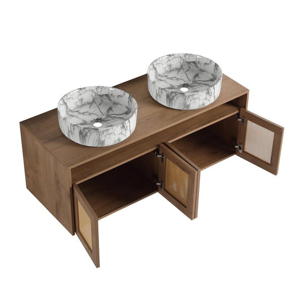 English Elm 48" Floating Bathroom Vanity Oak Finish Dual Ceramic Sinks Four Soft Close Doors W999S00494