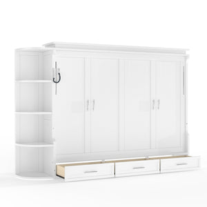 English Elm Queen Murphy Wall Bed with Side Cabinets Open Shelving and Drawers for Studio Rooms White W1580S00452