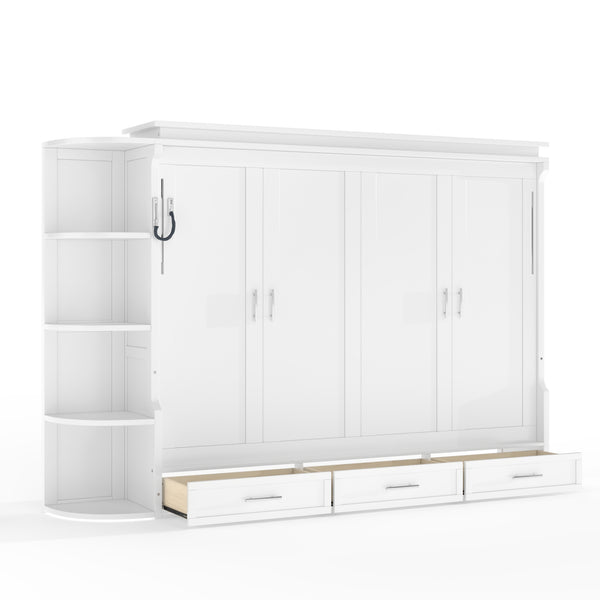 English Elm Queen Murphy Wall Bed with Side Cabinets Open Shelving and Drawers for Studio Rooms White W1580S00452