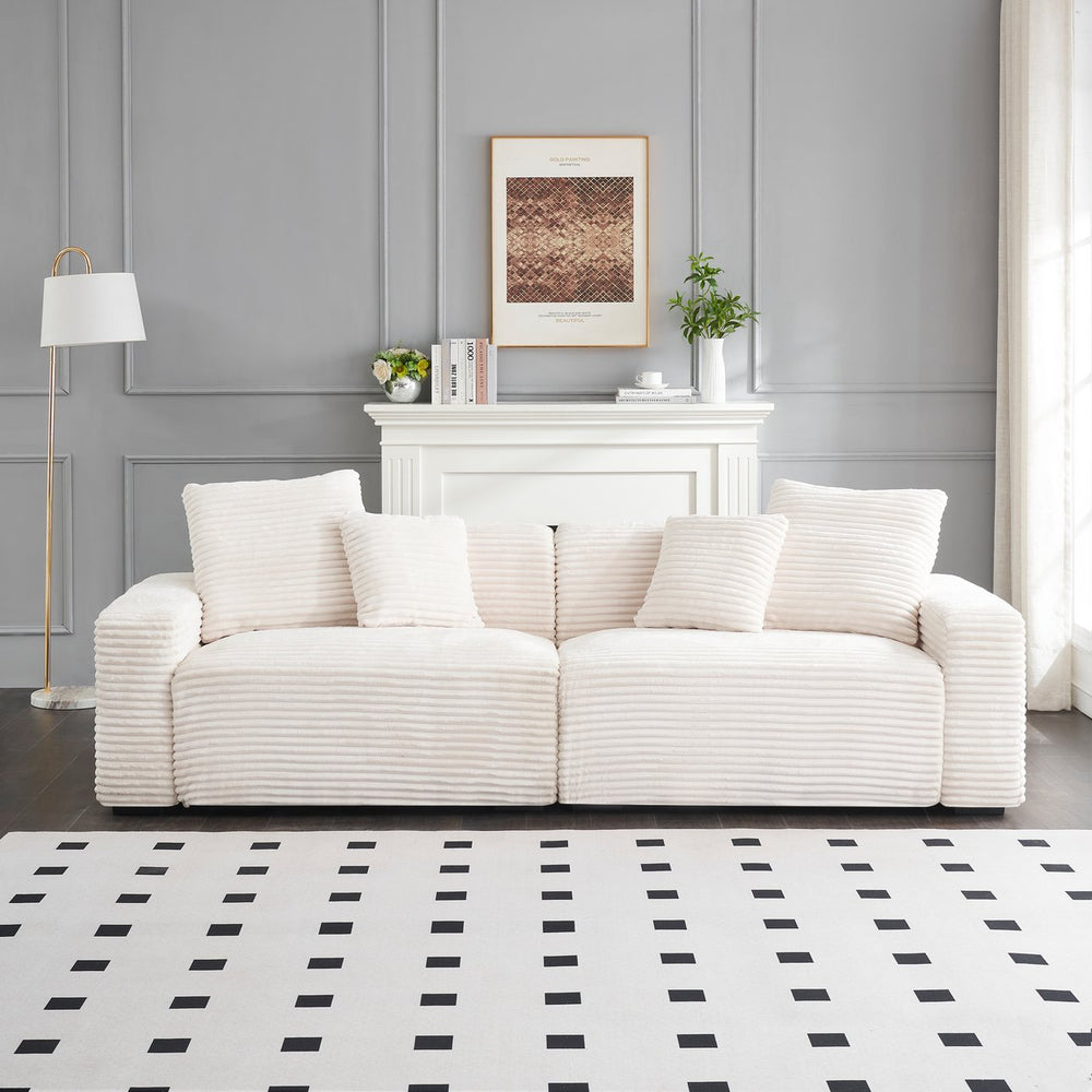 English Elm 104.72-inch 4-seat sofa with four washable throw pillows, corduroy comfort fabric, solid wood frame, 500lb capacity and modern living room style Beige W1658S00147