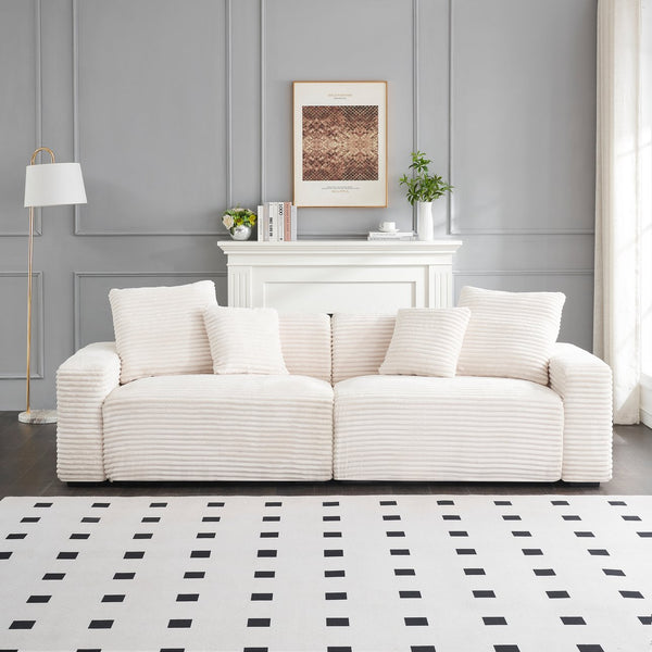 English Elm 104.72-inch 4-seat sofa with four washable throw pillows, corduroy comfort fabric, solid wood frame, 500lb capacity and modern living room style Beige W1658S00147