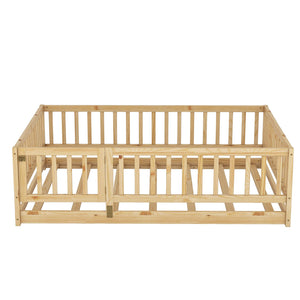 English Elm Full Montessori Floor Bed with Fence and Door, Natural Pine Slatted Full Size Bed, 300lb Capacity, Easy Assemble Oak W1820P369889