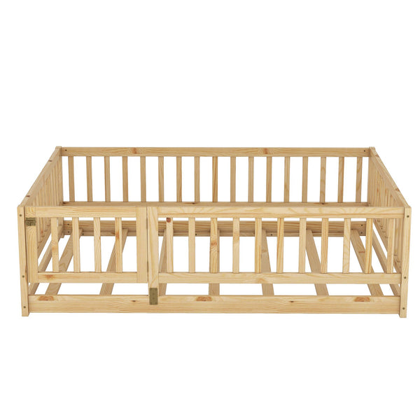 English Elm Full Montessori Floor Bed with Fence and Door, Natural Pine Slatted Full Size Bed, 300lb Capacity, Easy Assemble Oak W1820P369889