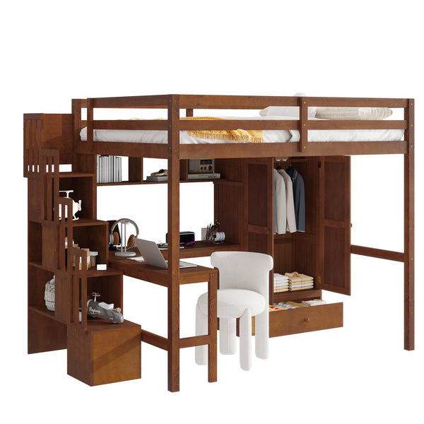 English Elm Twin Over Full Bunk Bed Solid Pine Frame with Built-in Slide and Storage Staircase Walnut W504S00286