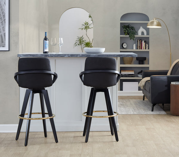 English Elm Fixed-height Swivel Barstools Upholstered Grey Fabric Black Wood Legs Kitchen Set of 2 Black B202S01893