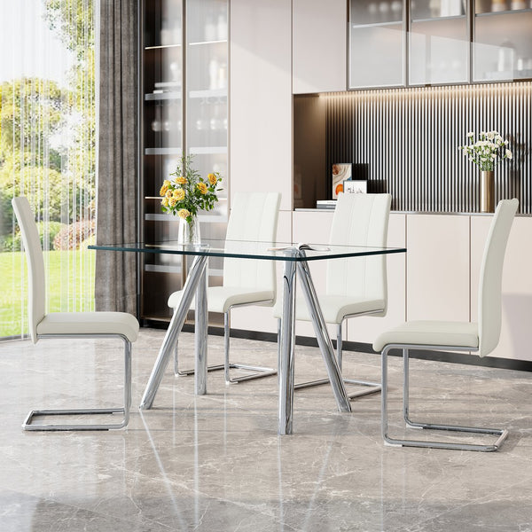 English Elm Tempered Glass Four Seat Dining Set with Chrome Sled Chairs for Modern Compact Spaces Silver,White W3875S00042
