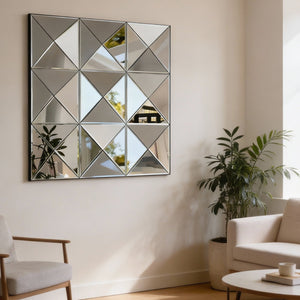 English Elm 3d Beveled Glass Geometric Square Wall Mirror Sculptural Triangular Art for Living Room W3836P410041