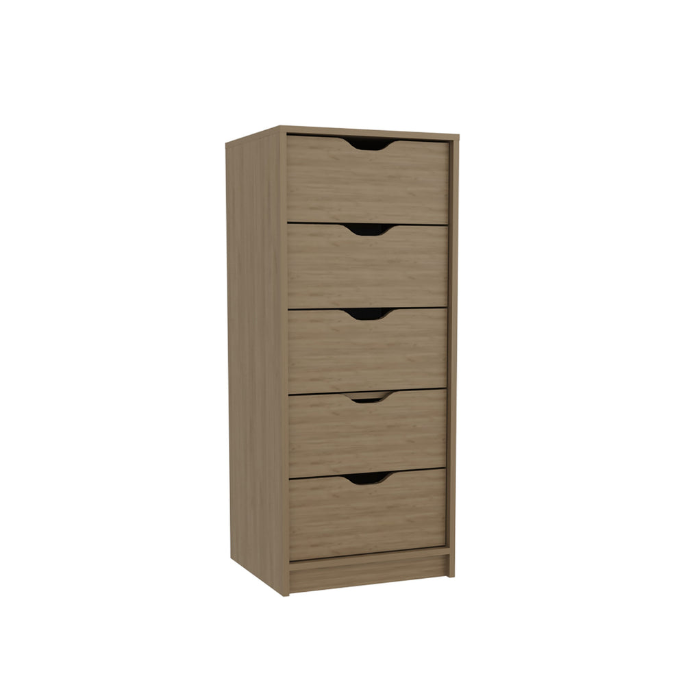 English Elm Dresser Slim 42"H 5-Drawer Natural Oak Beige Engineered Wood — Compact Storage, Easy-Access Drawers B097P350317