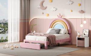 English Elm Twin Velvet Rainbow Bed with Storage Drawer — Pink Upholstered Platform, No Box Spring Needed, Cute N733P234606H