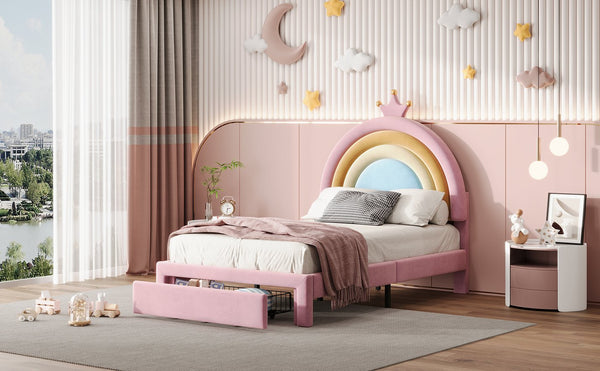 English Elm Twin Velvet Rainbow Bed with Storage Drawer — Pink Upholstered Platform, No Box Spring Needed, Cute N733P234606H