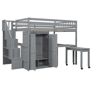 English Elm Queen Murphy Bed with Integrated Desk Cabinet Shelves Space Saving Studio Solution Gray N708S00014E