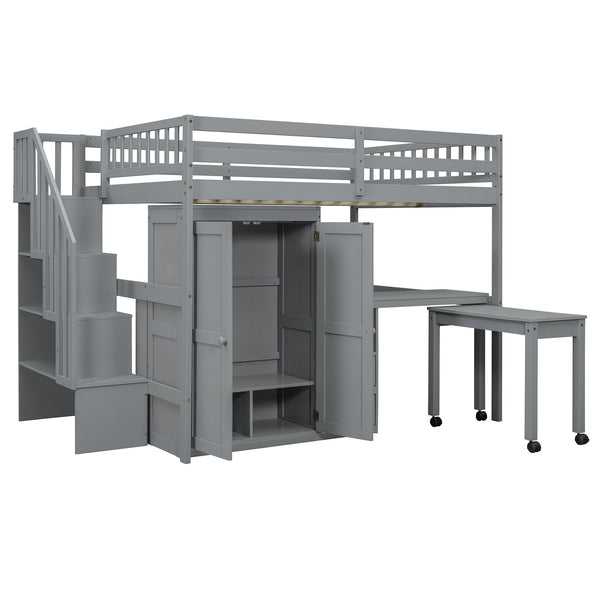 English Elm Queen Murphy Bed with Integrated Desk Cabinet Shelves Space Saving Studio Solution Gray N708S00014E