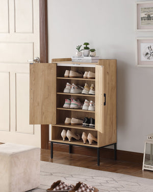 English Elm Shoe Cabinet with Rattan Doors 5-Tier Wooden Shoe Organizer Black+Natural — Ventilated Boho Storage for Entryway W3151P345852