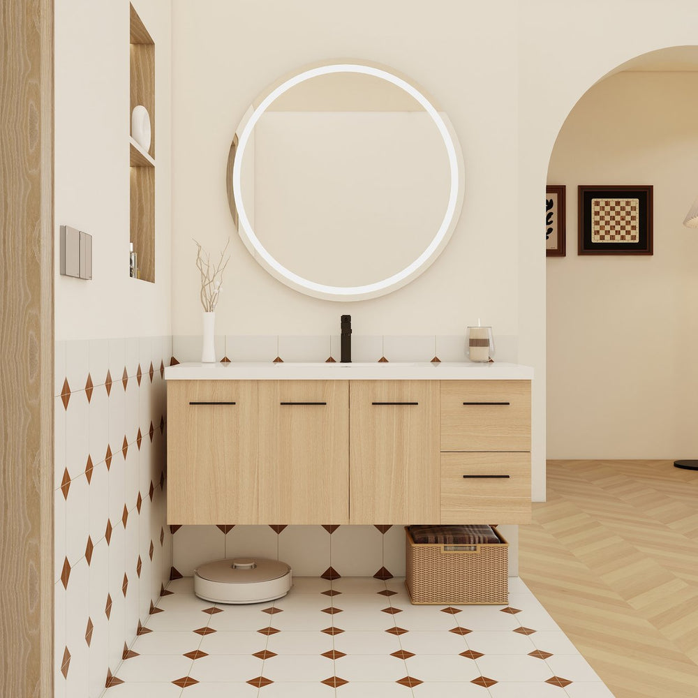 English Elm 48" Light Oak Wall Mounted Bathroom Vanity Modular Cabinet with Gel Coat Sink Top W3450S00088