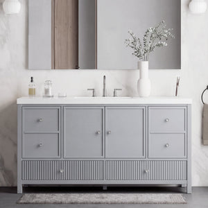 English Elm 60" Freestanding Bathroom Vanity Fluted Fronts Soft Close Drawers Drop-in Sink Blue Gray N817P404100B