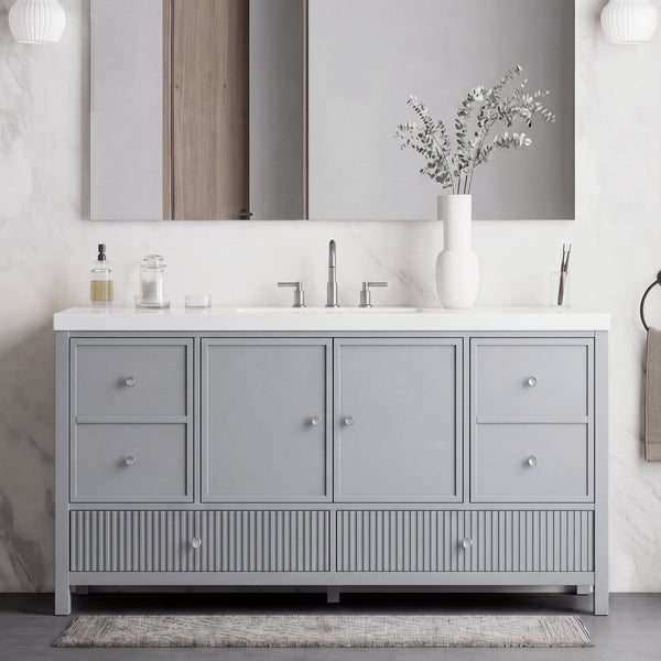 English Elm 60" Freestanding Bathroom Vanity Fluted Fronts Soft Close Drawers Drop-in Sink Blue Gray N817P404100B