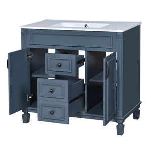 English Elm 36'' Bathroom Vanity with Sink and Mirror Cabinet, Modern MDF & Solid Wood Design, Ceramic Top, Soft-Close Doors Blue SW000115AAC-1