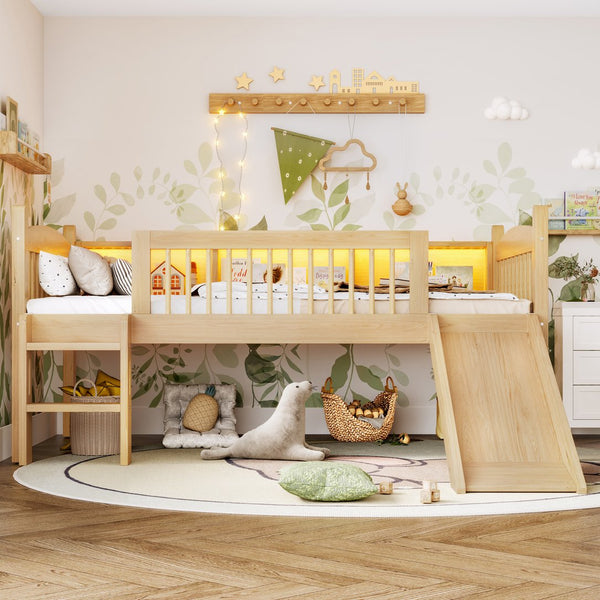 English Elm Twin Xl Solid Pine Loft Bed with Built-in Led Lighting and Storage Shelves Natural W1580S00366