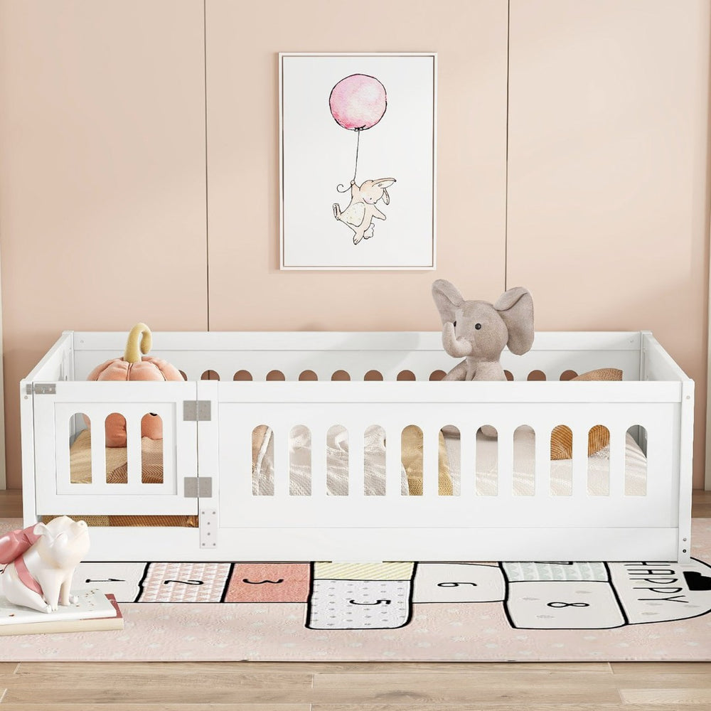 English Elm Twin Size Floor Bed With Safe Guardrails & Playful Door - Solid Wood Bedframe For Kids’ Rooms W1820P240538-GIGA