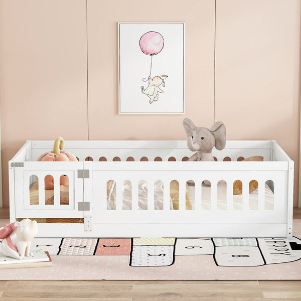 English Elm Twin Size Floor Bed With Safe Guardrails & Playful Door - Solid Wood Bedframe For Kids’ Rooms W1820P240538-GIGA