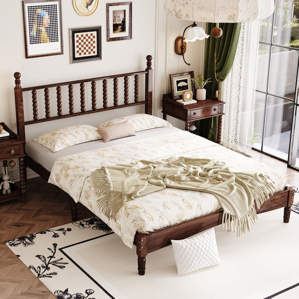 English Elm Queen Wood Platform Bed with Gourd-Shaped Headboard, Retro-Inspired Solid Frame, Slat Support, Sturdy Elegance Walnut 64.8 L x 17.5 W x 9.5 H N733P206242D