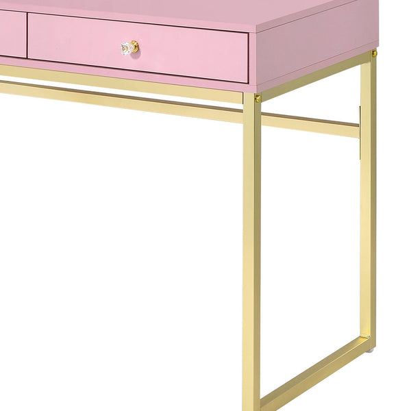 English Elm Coleen Pink & Gold Makeup Vanity Desk with Mirror, Crystal Handles, Jewelry Tray & 2 Drawers Decor B2726P315739
