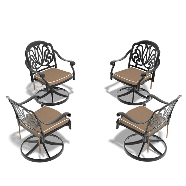 English Elm Cast Aluminum Patio Swivel Chair Set - 4Pcs With Black Frame & Cozy Brown Cushions For Outdoors W1710S00428