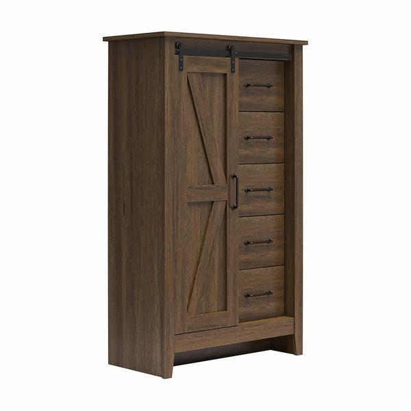 English Elm Alton Farmhouse Chest with Sliding Barn Door Five Drawers and Matte Black Hardware Walnut B2733S00015