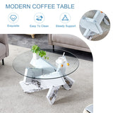 English Elm Round Glass Coffee Table, 33.4 "Modern Design Unique Coffee Table. Tempered Glass Countertop With White Patterned Mdf Legs. Suitable For Living and Dining Rooms