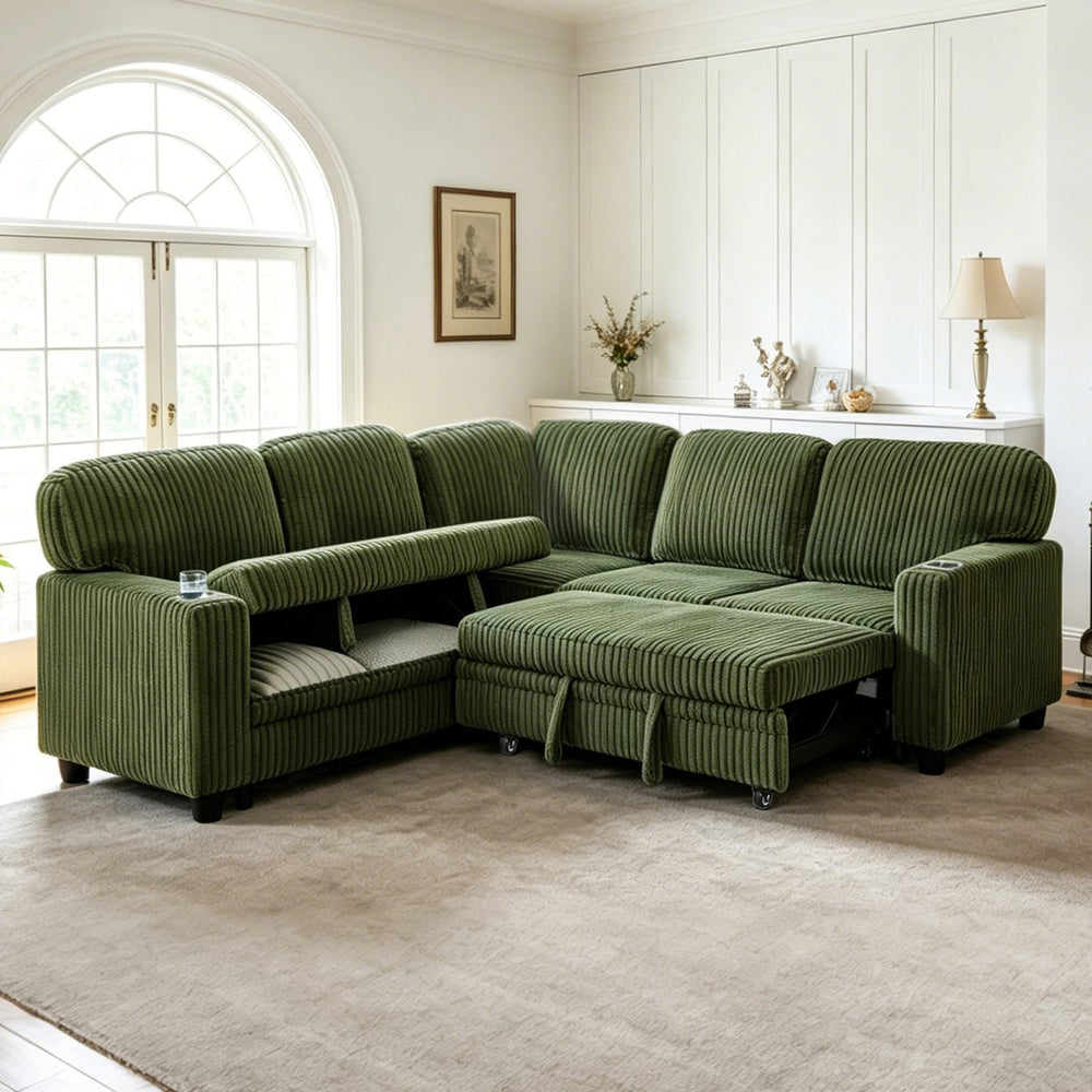 English Elm L-shaped Sectional Sleeper Sofa with Hidden Storage Usb Charging Corduroy Upholstery Olive Green W1998S00095