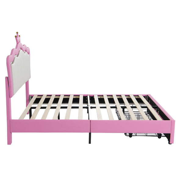English Elm Full Size Upholstered Bed Frame With Led Lights – Chic Pink Princess Design, Crown Headboard & Storage Drawers W2770P190367