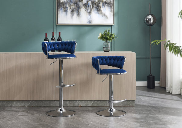 English Elm Set of 2 Velvet Bar Stools with Chrome Base Swivel Height Adjustment Plush Cushion Modern Comfort Blue W1249P247741