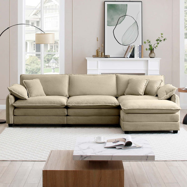 English Elm Oversize 3-Seater L-Shaped Sectional Sofa With Matching Ottoman In Luxurious Tan Corduroy Elegance W714S00717-GIGA