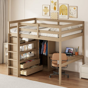 English Elm Wood Full Size Loft Bed with Built-In Desk, Wardrobe, Shelves & Drawers for Space-Saving Rooms Walnut GX000466AAD