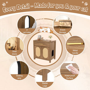 English Elm Cat Litter Box Cabinet with Sisal Doors Storage Drawer and Nightstand Surface N704P379111P