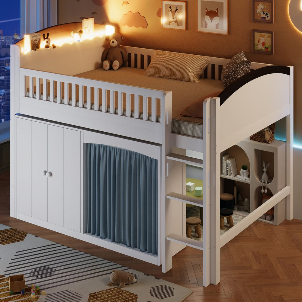 English Elm Twin Loft Bed with Wardrobe Cabinet Led Lighting and Pine Frame for Kids Rooms White N7090002236K