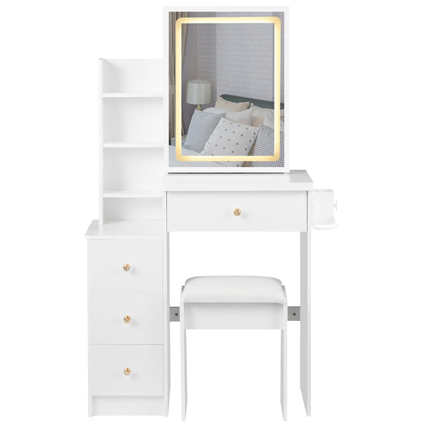 English Elm 29.2" Stylish Left Bedside Vanity Table Set With Led Mirror, Power Station & Cushioned Stool For Small Spaces W936P202468