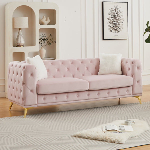 English Elm Fx Chesterfield Velvet Sofa with Diamond Tufting Polished Legs and Accent Pillows Pink W1926S00082