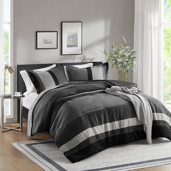 JLA Home Comfort Spaces - Pieced Faux Suede Comforter Set with Modern Two-Tone Colorblock, Oeko-Tex Certified Softness Black AM10-0030