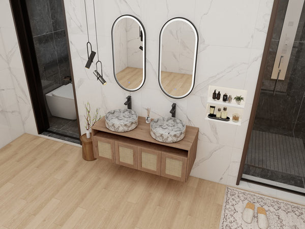 English Elm 48" Floating Bathroom Vanity Oak Finish Dual Ceramic Sinks Four Soft Close Doors W999S00494