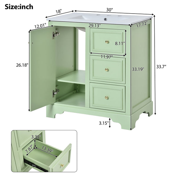 English Elm 30-Inch elegant bathroom vanity with ceramic basin, soft-close drawers, adjustable shelves, durable finish Green N729P176237L