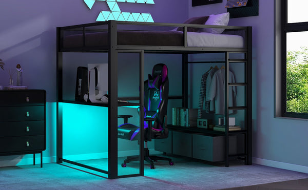 English Elm Full Metal Gaming Loft Bed with LED Lighting, Built-In Desk, Open Wardrobe and 3 Drawers for Space-Saving Comfort Black GX001133AAB