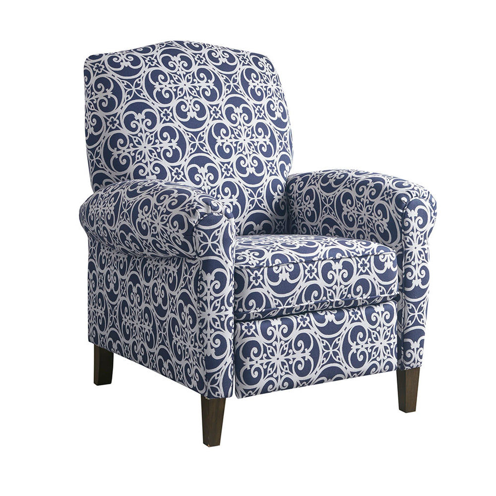 JLA Home Madison Park - Push Fretwork-Patterned Recliner Navy — High Camel Back, Rolled Arms, Solid Wood Legs, Push-Back Comfort MP103-1051